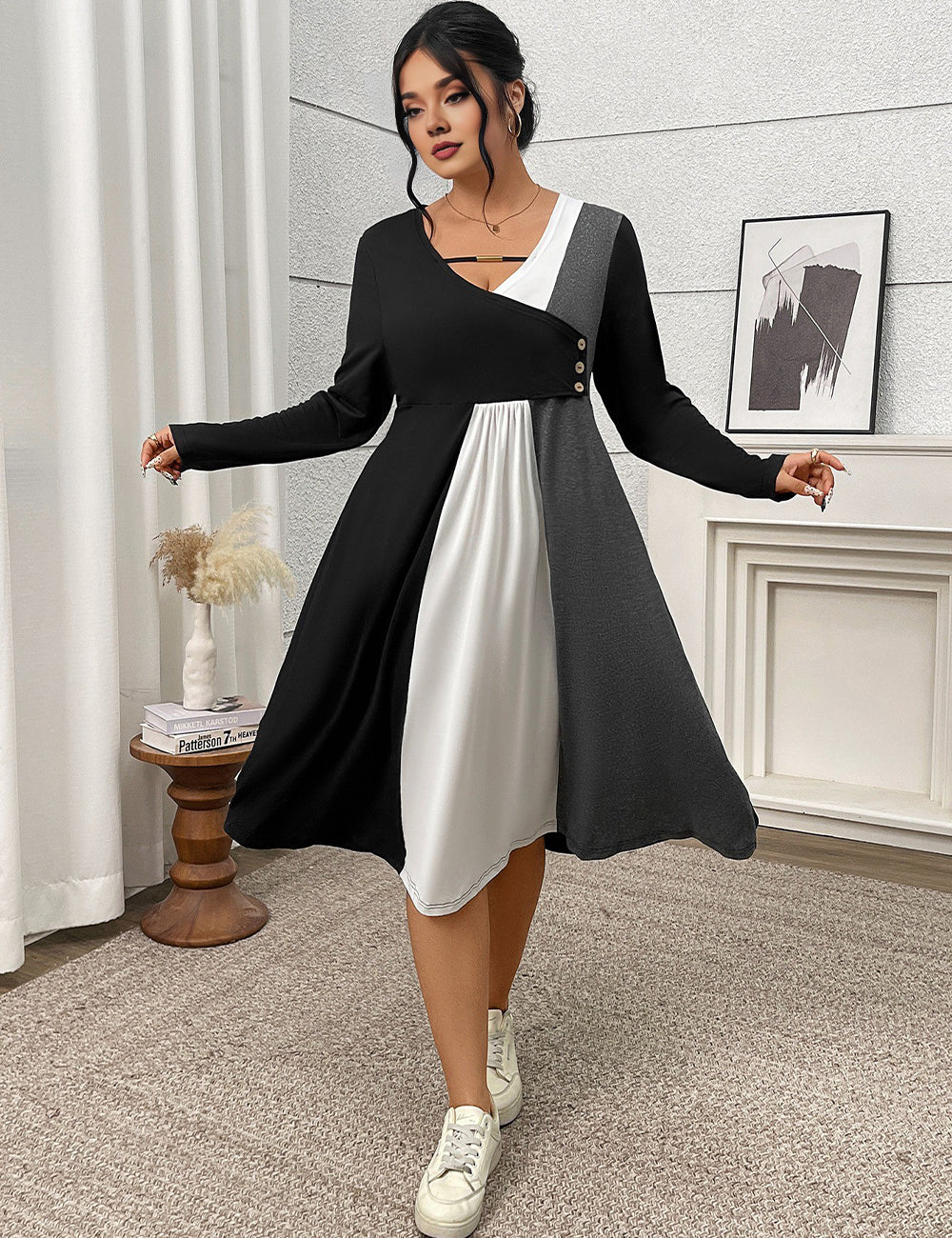Women Plus Size Long Sleeve Color Block Midi Dress