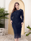 Women Plus Size Long Sleeve Lace Slim Gown Dress-3