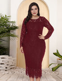 Women Plus Size Long Sleeve Lace Slim Gown Dress-5