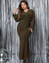 Women Plus Size Long Sleeve Mermaid Hem Fishtail Maxi Dress