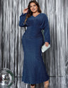 Women Plus Size Long Sleeve Mermaid Hem Fishtail Maxi Dress