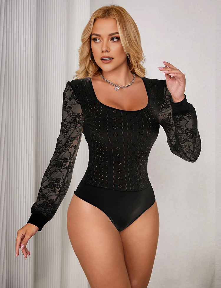 Women Plus Size Long Sleeve Openable Crotch Mesh Bodysuit-1