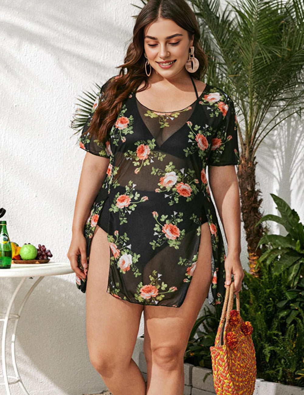 Women Plus Size Loose Mesh Blouse Short Sleeve Sunscreen Swimsuit