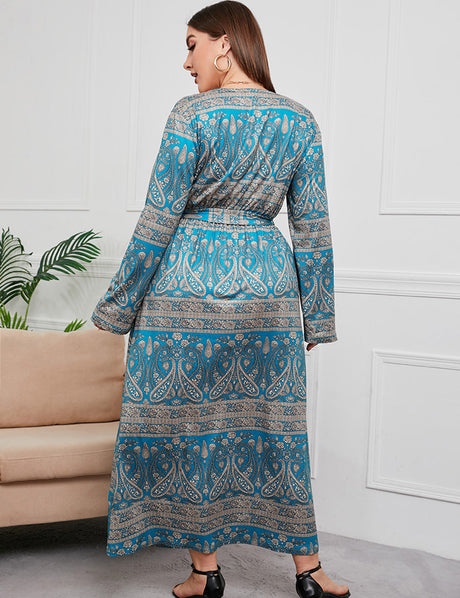 Women Plus Size Loose V-neck Dress Belt Print Dress-3