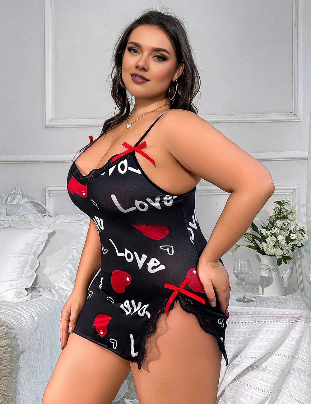 Women Plus Size Love Sleep Chemise Heart Print Babydoll-2