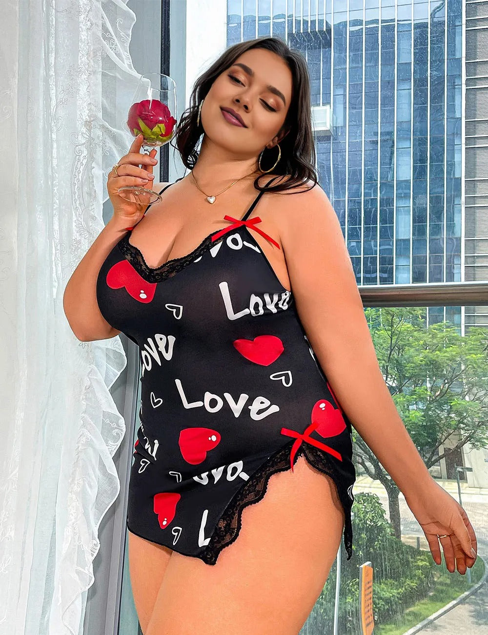 Women Plus Size Love Sleep Chemise Heart Print Babydoll-3
