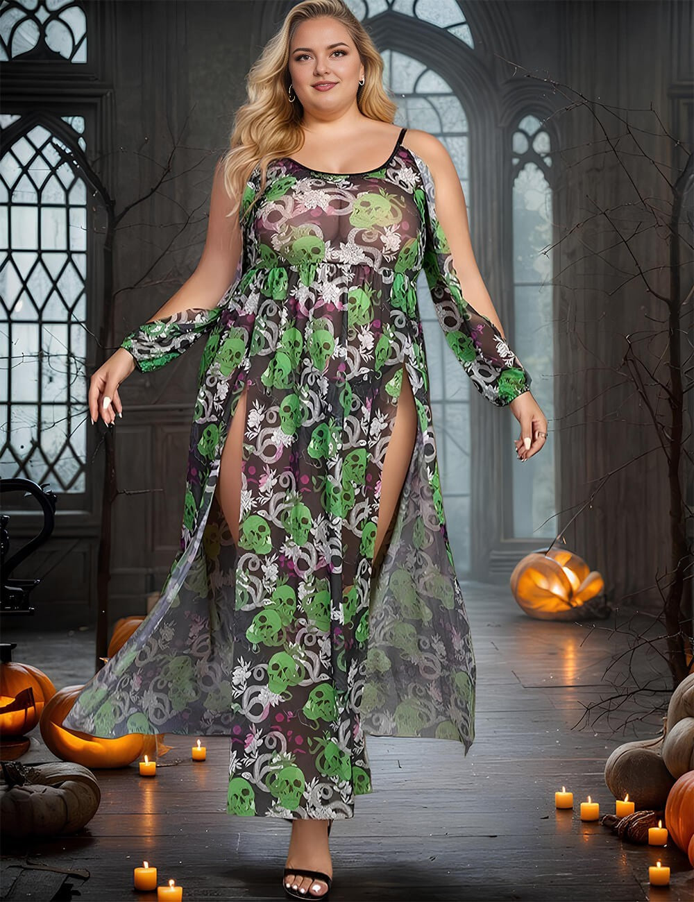 Women Plus Size Green Skull Print  Mesh Halloween Lingerie