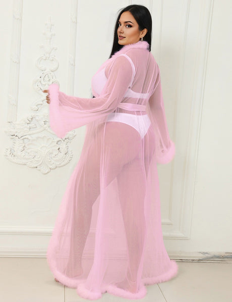 Women Plus Size Mesh Imitation Mink Fur Trim Long Robe With Belt