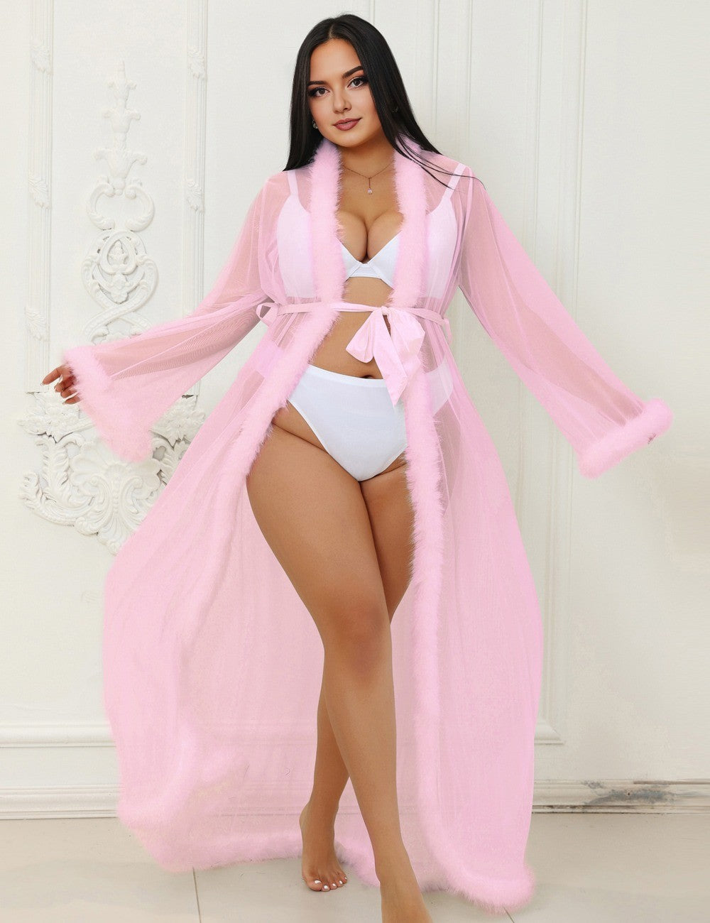 Women Plus Size Mesh Imitation Mink Fur Trim Long Robe With Belt