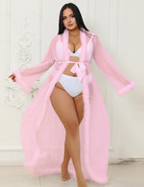 Women Plus Size Mesh Imitation Mink Fur Trim Long Robe With Belt