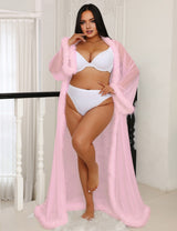 Women Plus Size Mesh Imitation Mink Fur Trim Long Robe With Belt