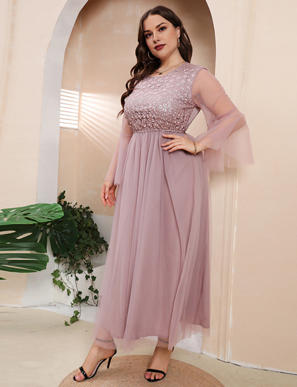 Women Plus Size Mesh Long Sleeve Evening Hand embroidery Dress-1