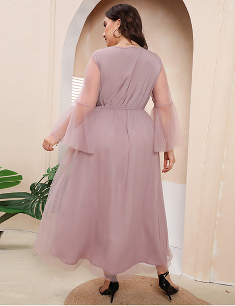 Women Plus Size Mesh Long Sleeve Evening Hand embroidery Dress-4