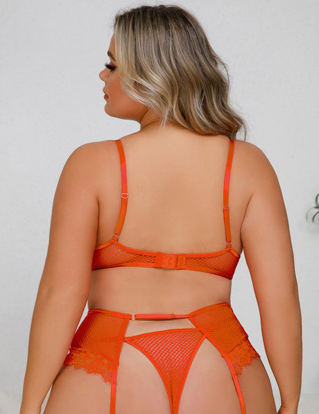 Women Plus Size Mesh Sheer Floral Lace Trim Bra Set