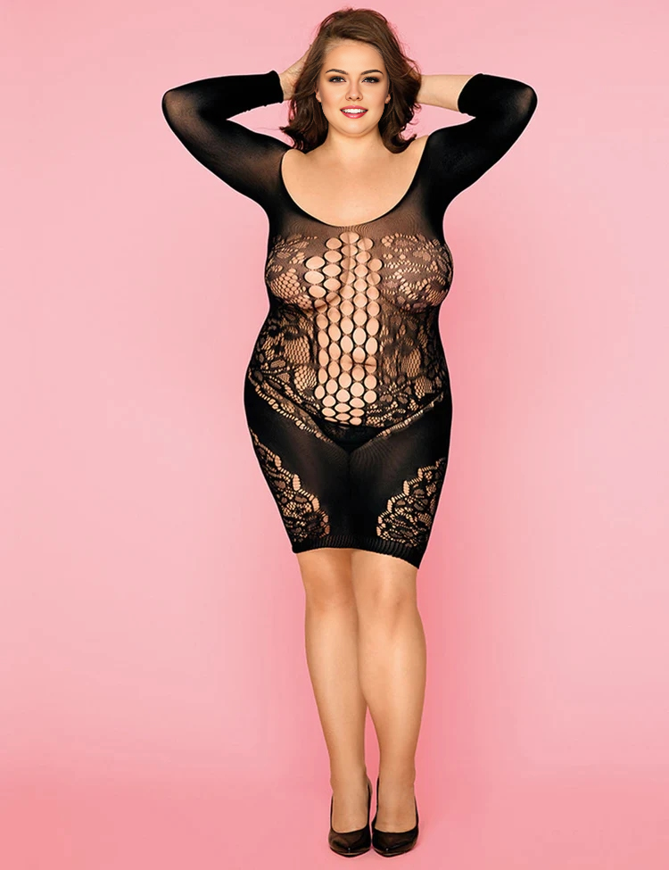 Women Plus Size Mystery Pattern Net bodystockings-3