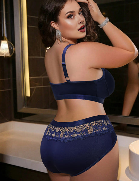 Women Plus Size Navy Blue Lace Patchwork Bra and Panty Set