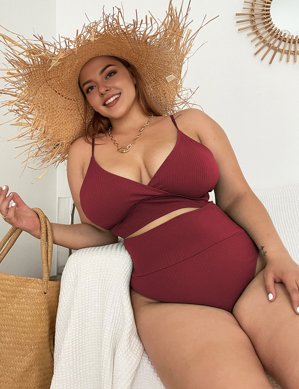 Women Plus Size Neckline Tie High Waist Sexy Bikini Swimsuit Two Piece Swimsuit-3