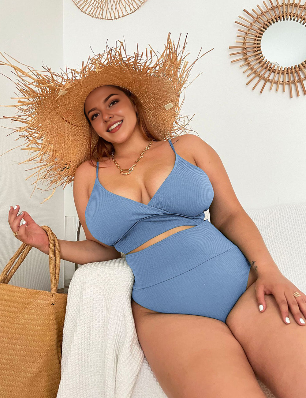 Women Plus Size Neckline Tie High Waist Sexy Bikini Swimsuit Two Piece Swimsuit-5