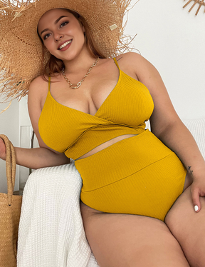 Women Plus Size Neckline Tie High Waist Sexy Bikini Swimsuit Two Piece Swimsuit