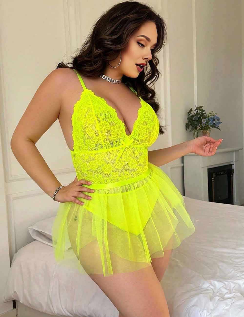 Women Plus Size Neon Yellow Lace Mesh Sheer Babydoll