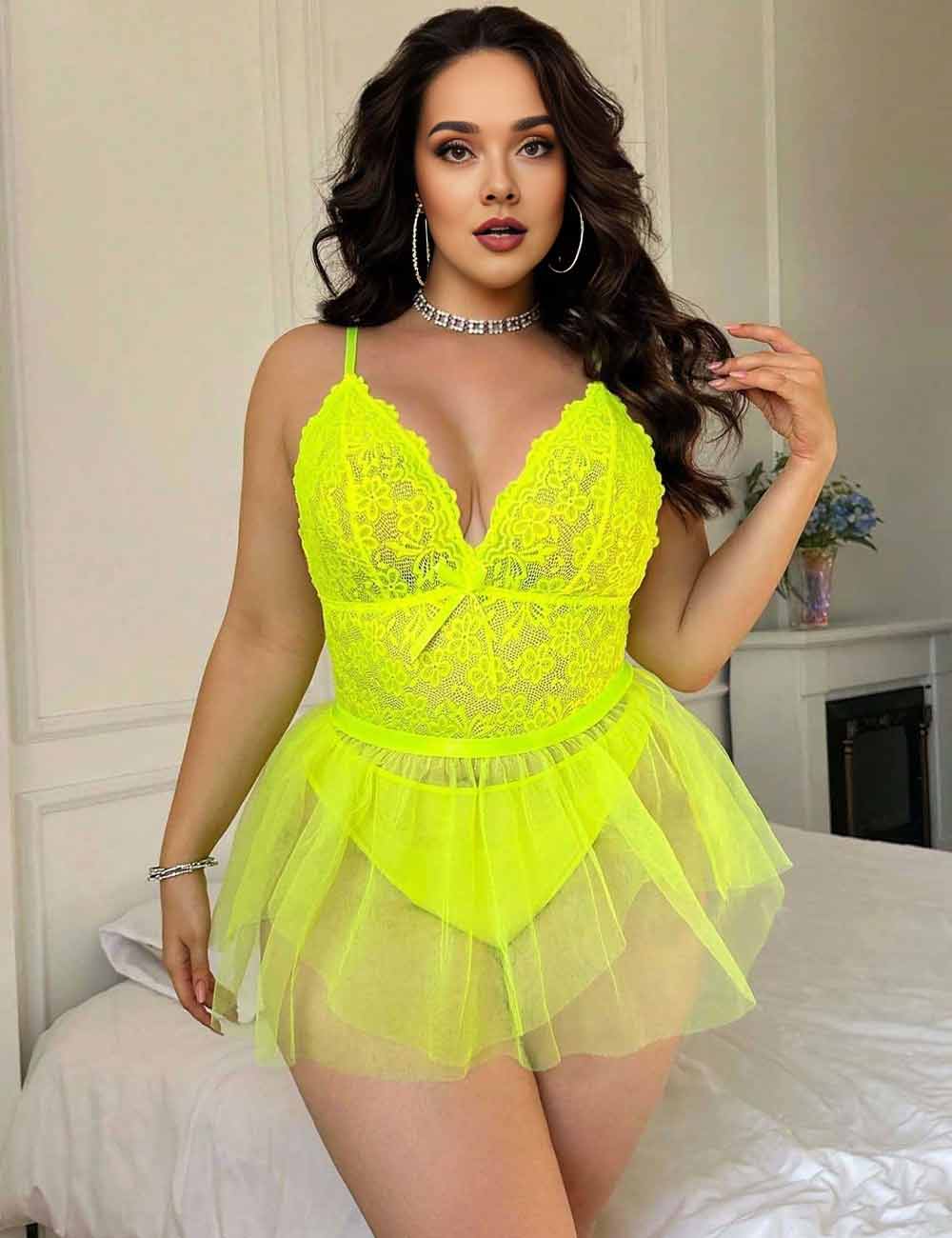 Women Plus Size Neon Yellow Lace Mesh Sheer Babydoll