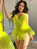 Women Plus Size Neon Yellow Lace Mesh Sheer Babydoll