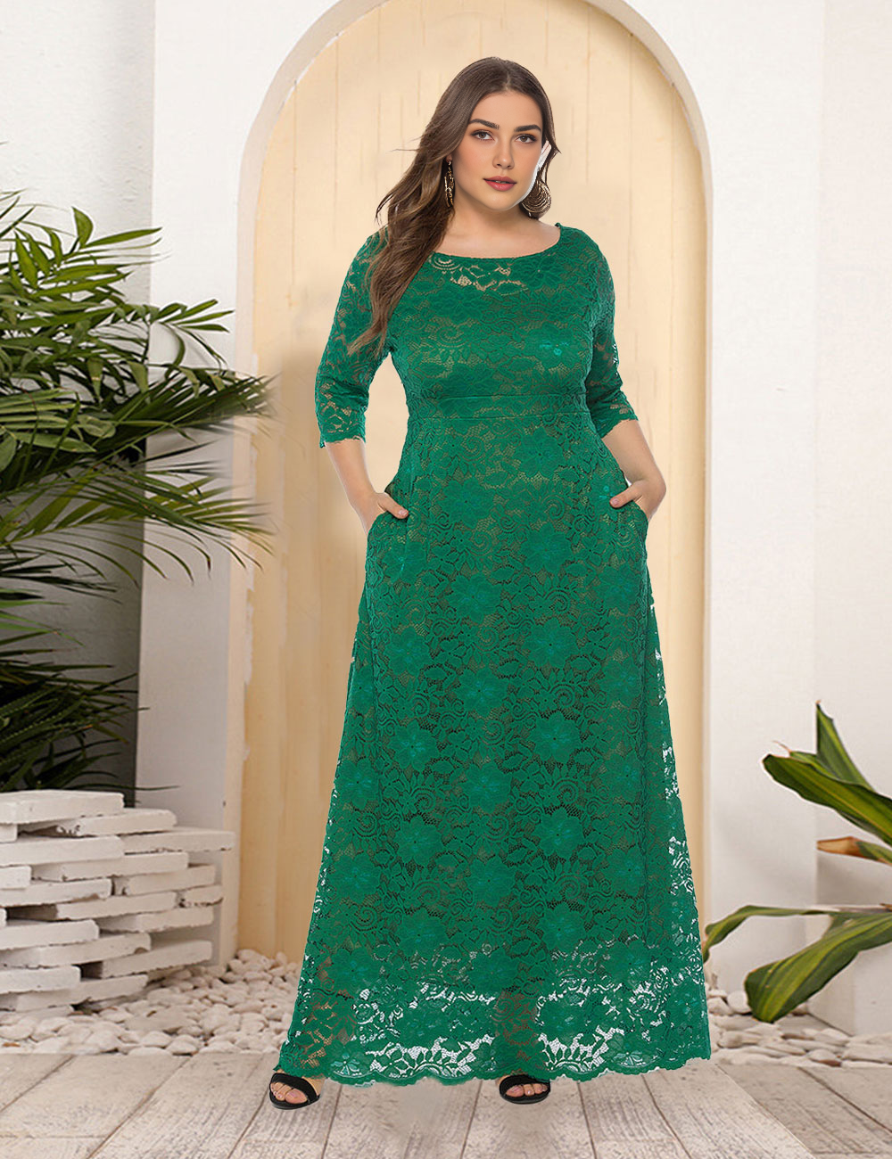 Women Plus Size New Hollow Lace Pocket Dress-12