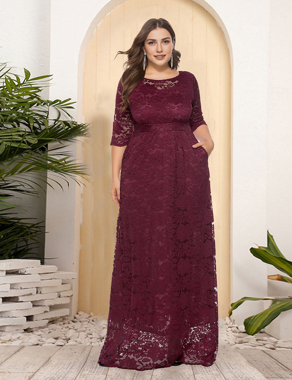 Women Plus Size New Hollow Lace Pocket Dress-5