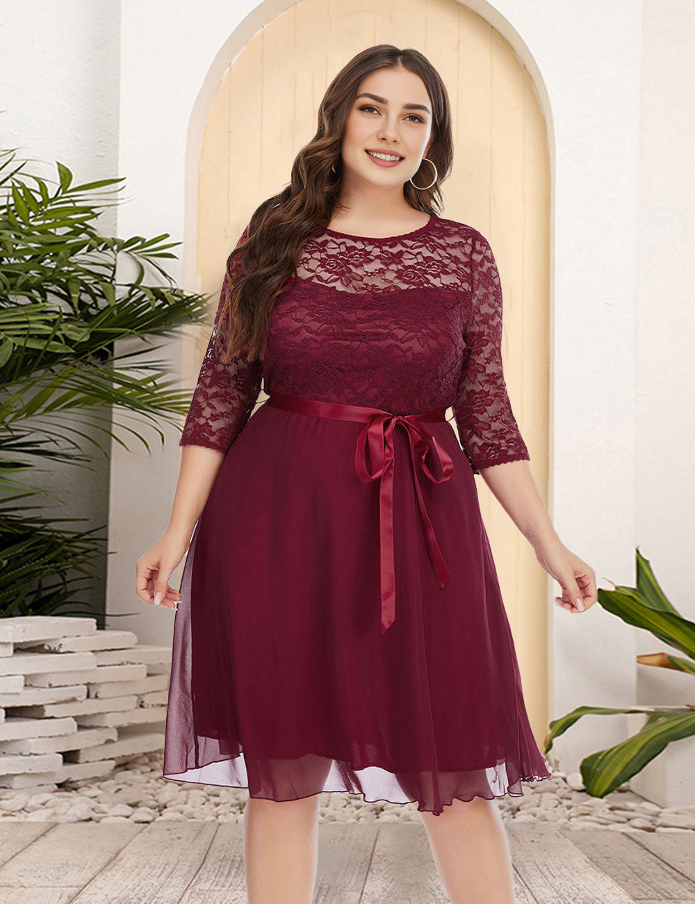 Women Plus Size New Lace Chiffon Mosaic Dress-1