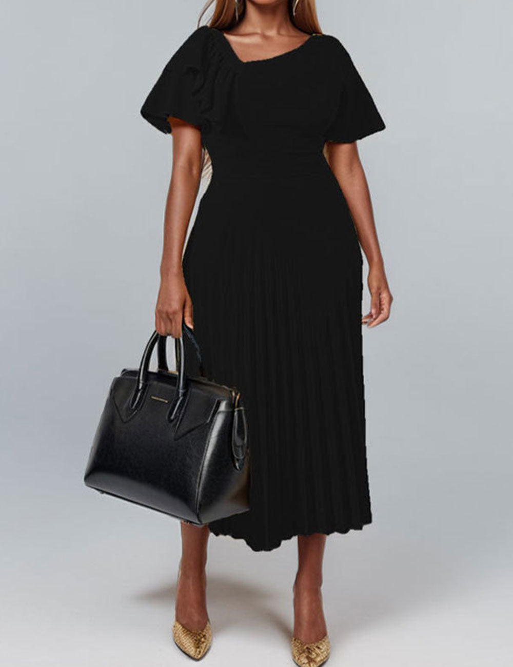Women Plus Size Off-shoulder Ruffle Pleated Skirt Temperament Dress-2