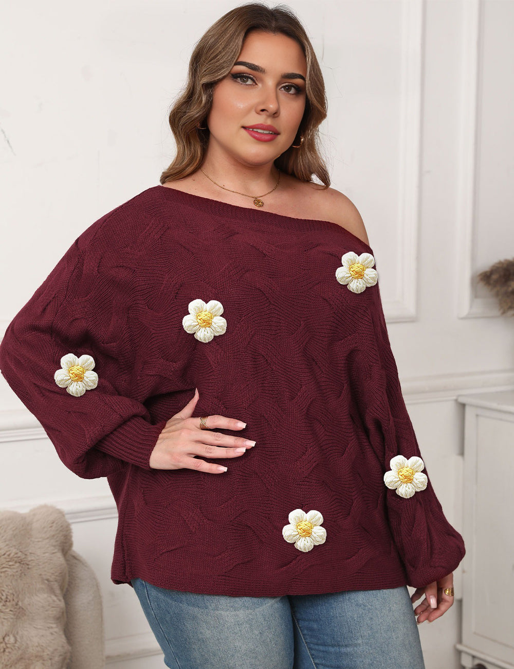Women Plus Size Off-Shoulder Batwing Sleeve Pullover Sweater