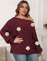 Women Plus Size Off-Shoulder Batwing Sleeve Pullover Sweater