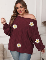 Women Plus Size Off-Shoulder Batwing Sleeve Pullover Sweater