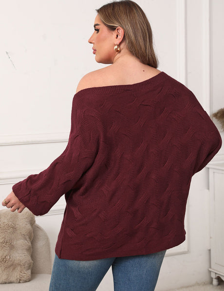 Women Plus Size Off-Shoulder Batwing Sleeve Pullover Sweater