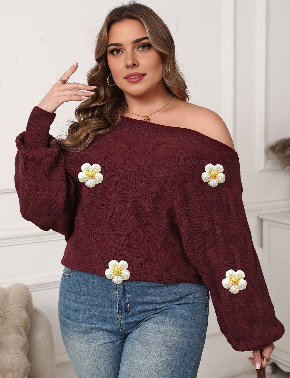 Women Plus Size Off-Shoulder Batwing Sleeve Pullover Sweater