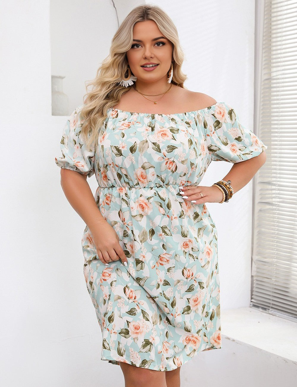 Women_Plus_Size_Off_Shoulder_Floral_Print_Waist-Cinching_Dress_PRUSES_1