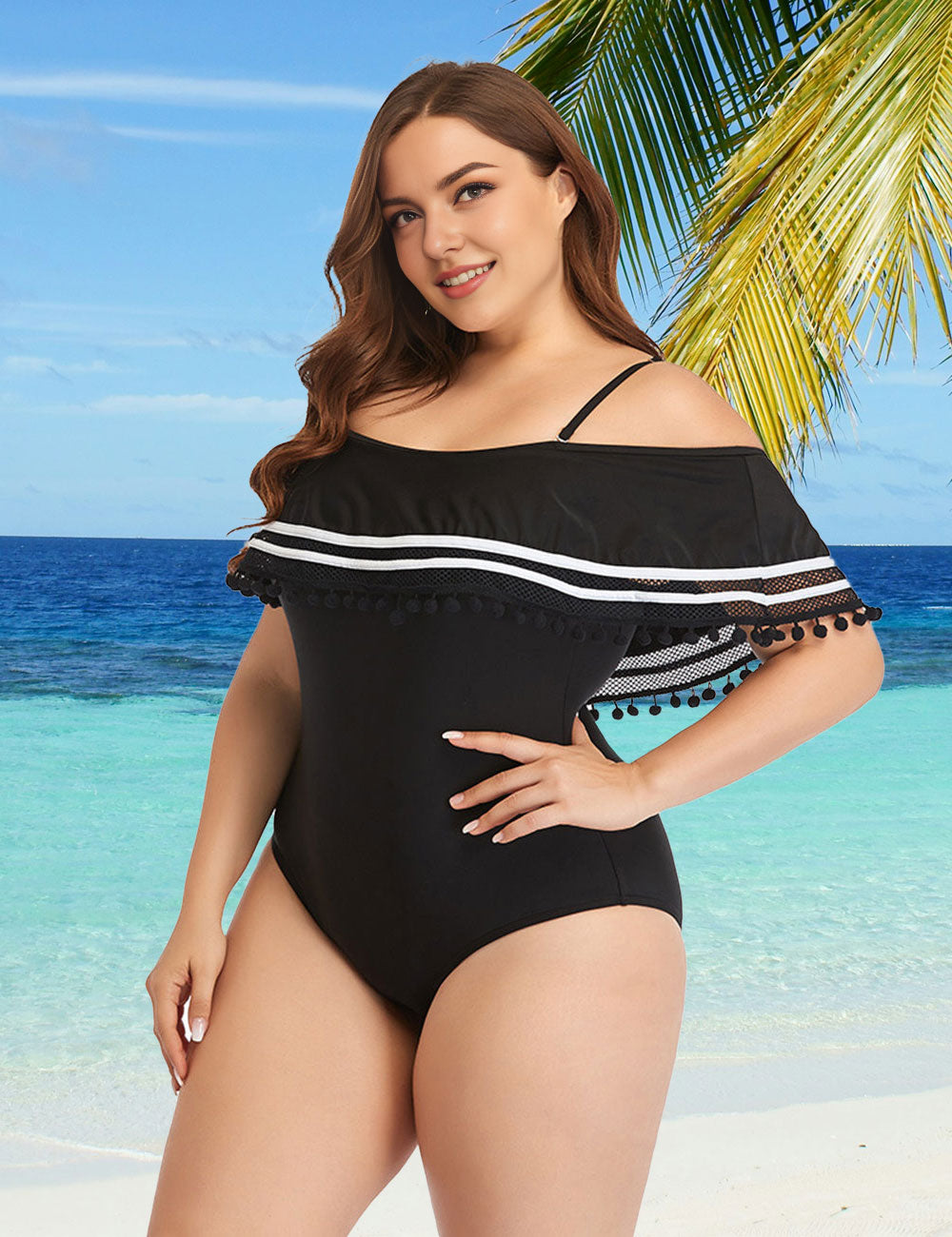 Women Plus Size Off Shoulder Swimsuit Belly Control One Piece Swimsuit-1