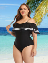 Women Plus Size Off Shoulder Swimsuit Belly Control One Piece Swimsuit-2