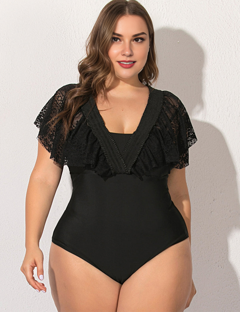 Women Plus Size One-Piece Conservative Black Webbing Swimsuit-2