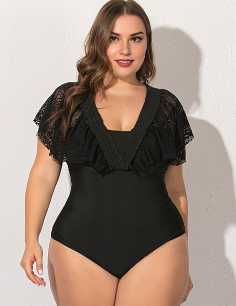 Women Plus Size One-Piece Conservative Black Webbing Swimsuit-2