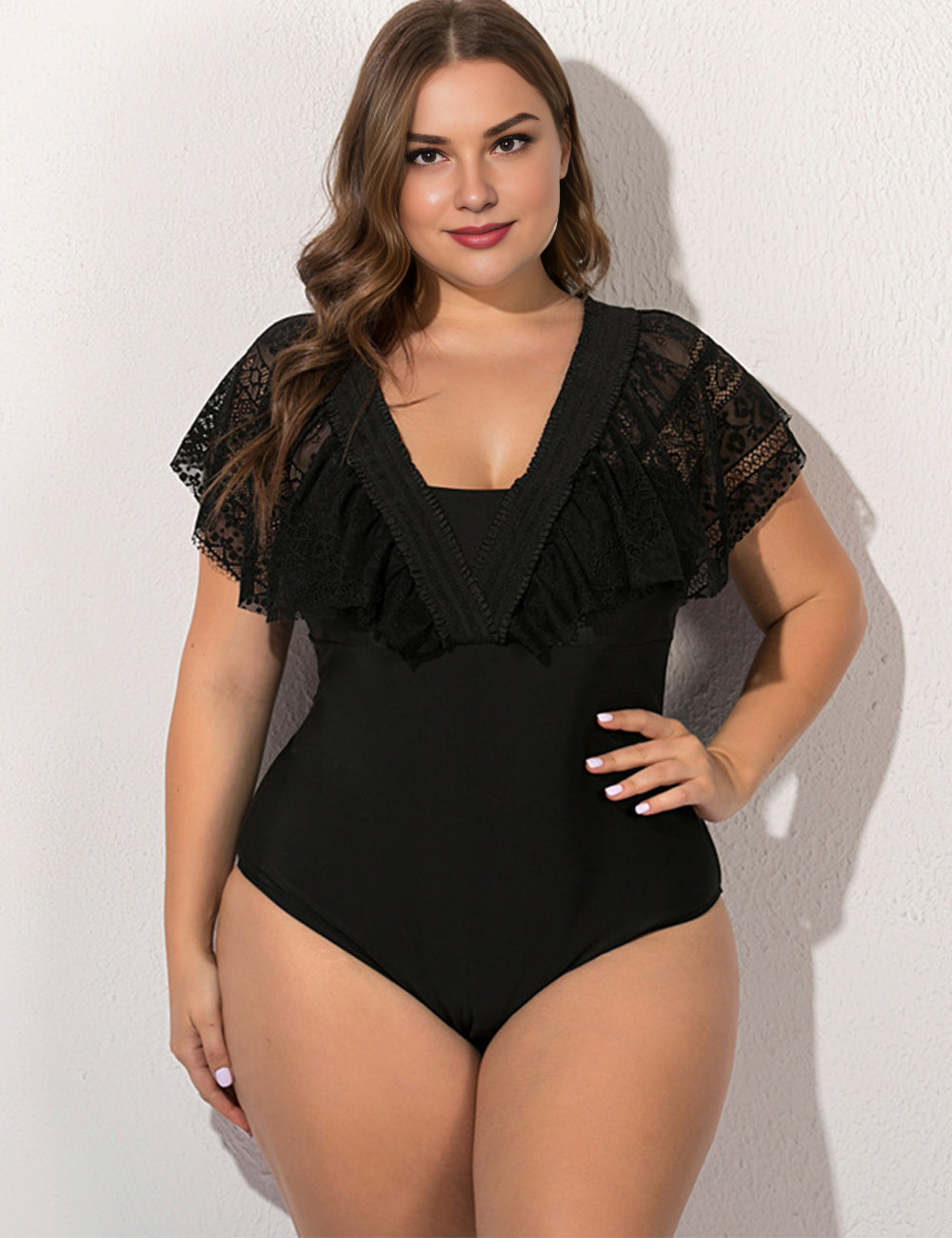Women Plus Size One-Piece Conservative Black Webbing Swimsuit-3