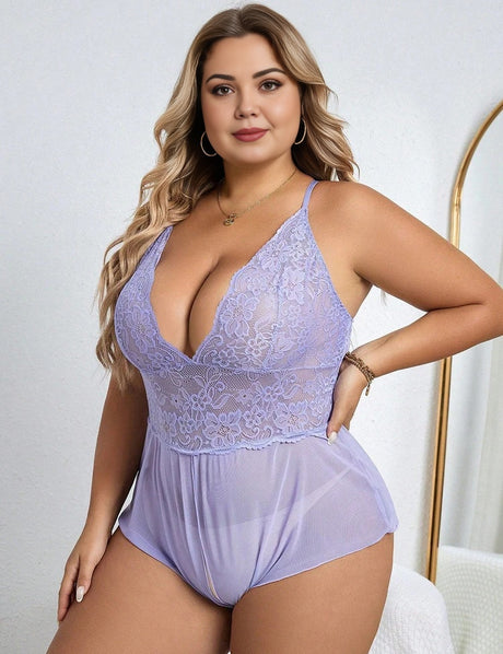 Women Plus Size One Piece Floral Mesh Bodysuit-2