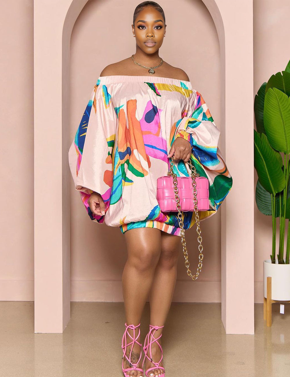 Women Plus Size One Shoulder Loose Printed Dress-2