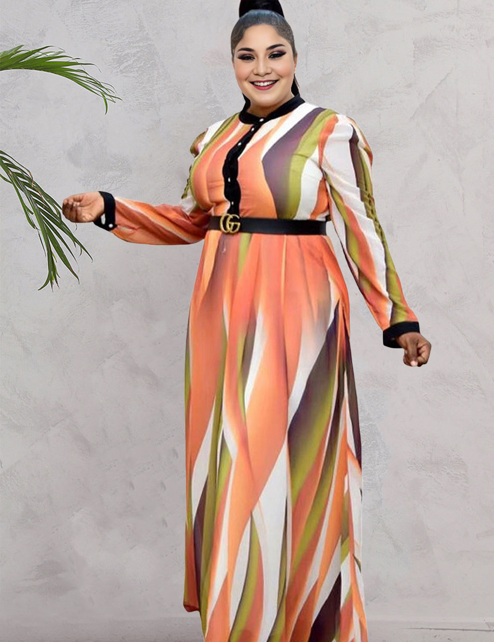 Women Plus Size Paneled Belted Round Neck Swing Skirt Maxi Dress-2