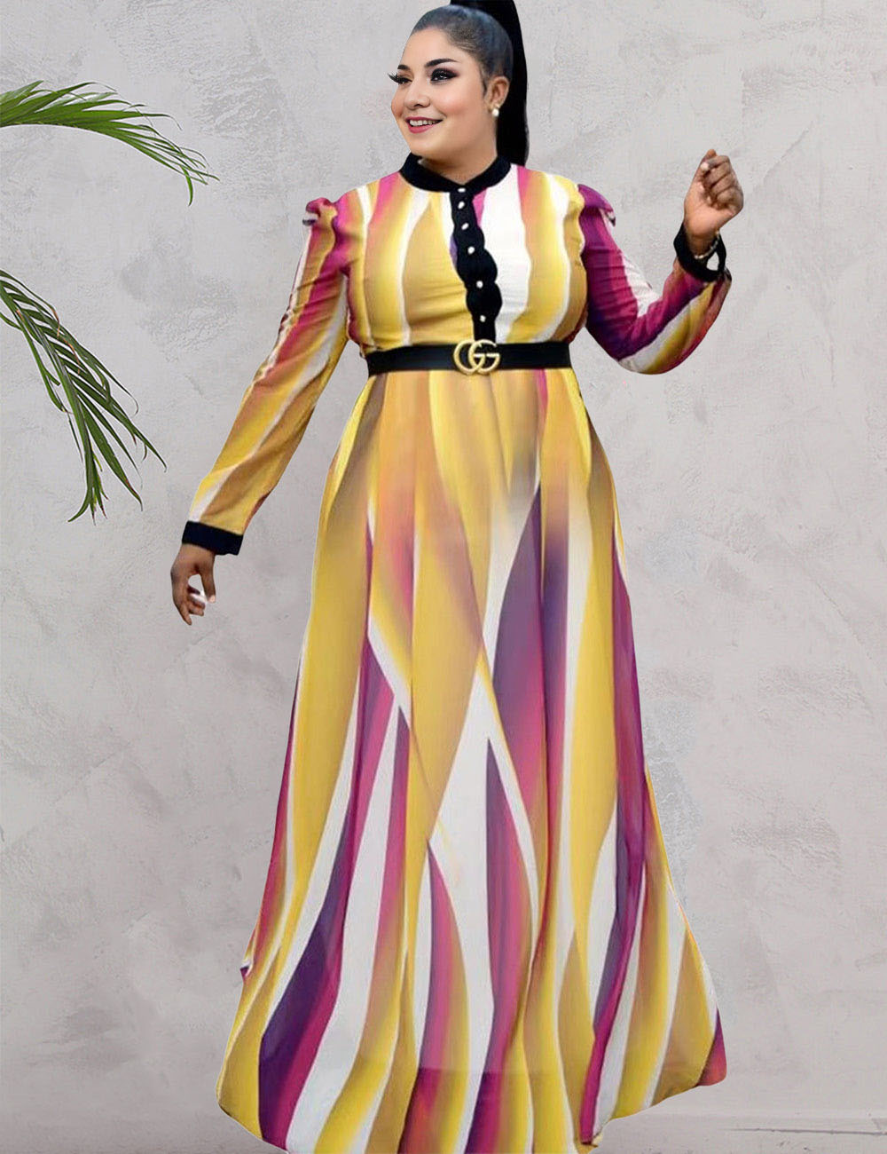 Women Plus Size Paneled Belted Round Neck Swing Skirt Maxi Dress-3
