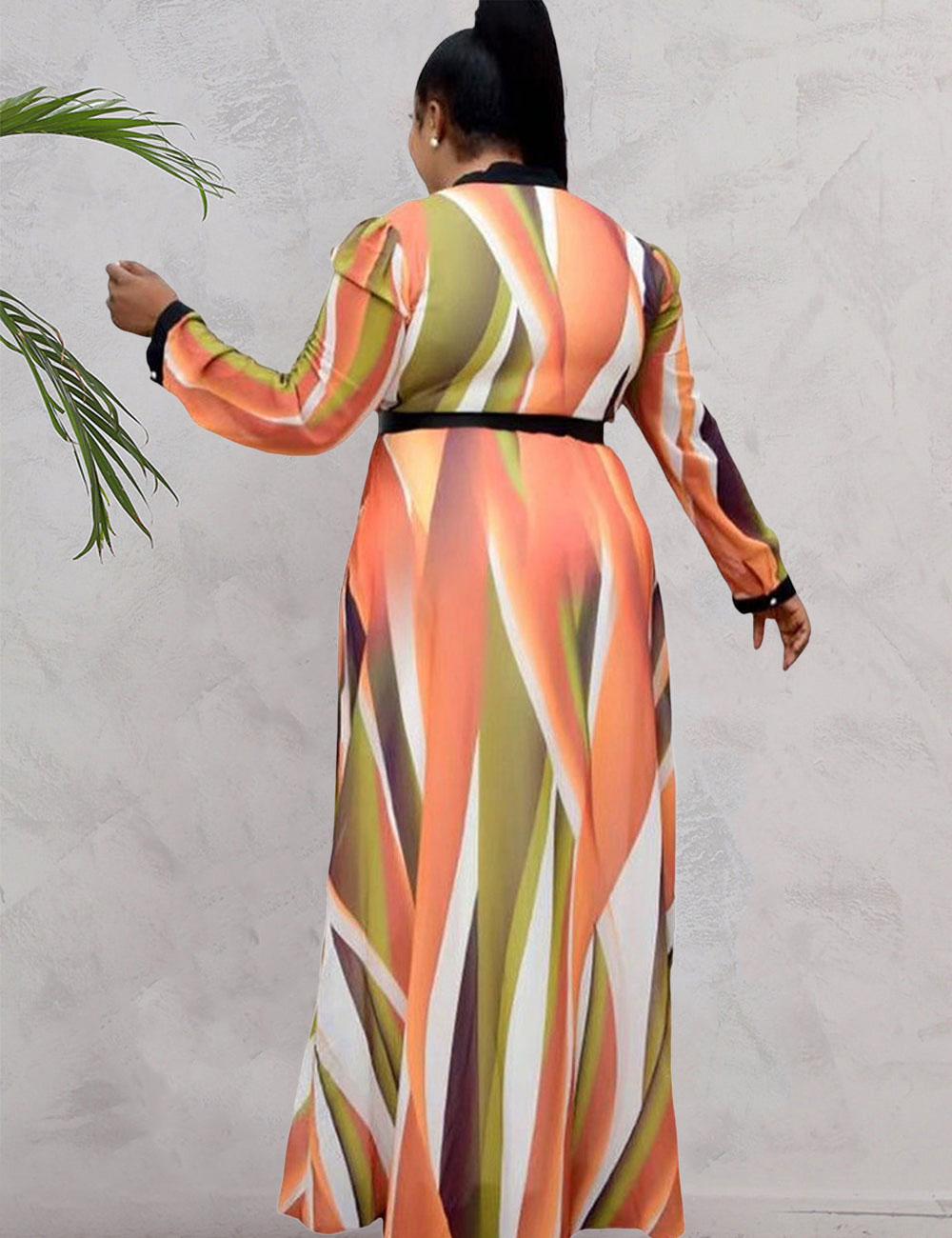 Women Plus Size Paneled Belted Round Neck Swing Skirt Maxi Dress-4