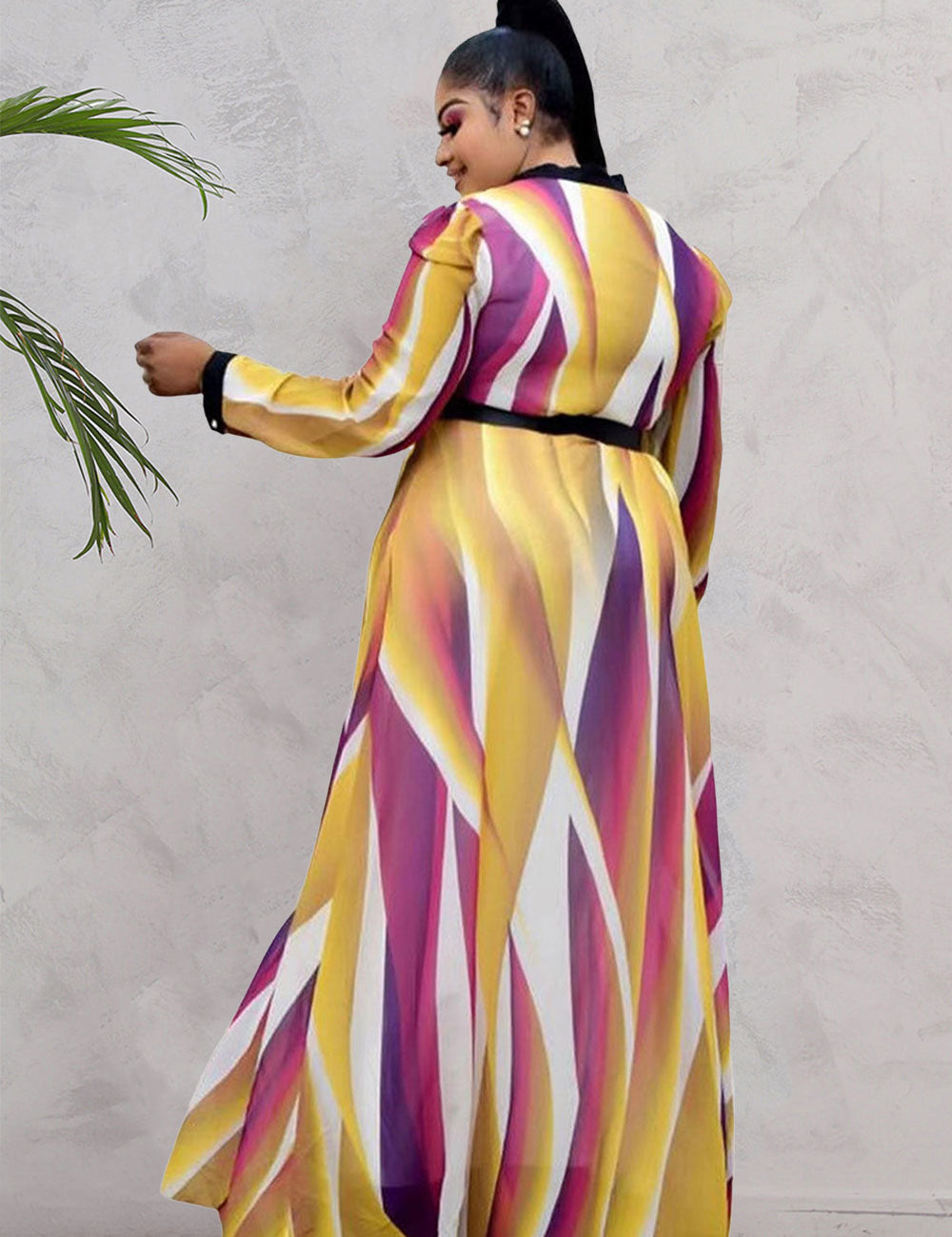Women Plus Size Paneled Belted Round Neck Swing Skirt Maxi Dress-5