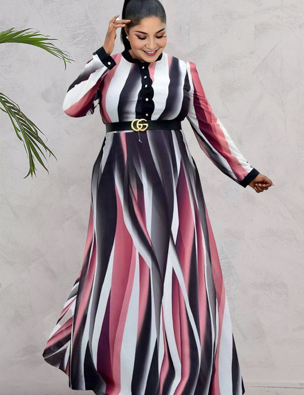 Women Plus Size Paneled Belted Round Neck Swing Skirt Maxi Dress-7