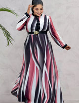 Women Plus Size Paneled Belted Round Neck Swing Skirt Maxi Dress-7