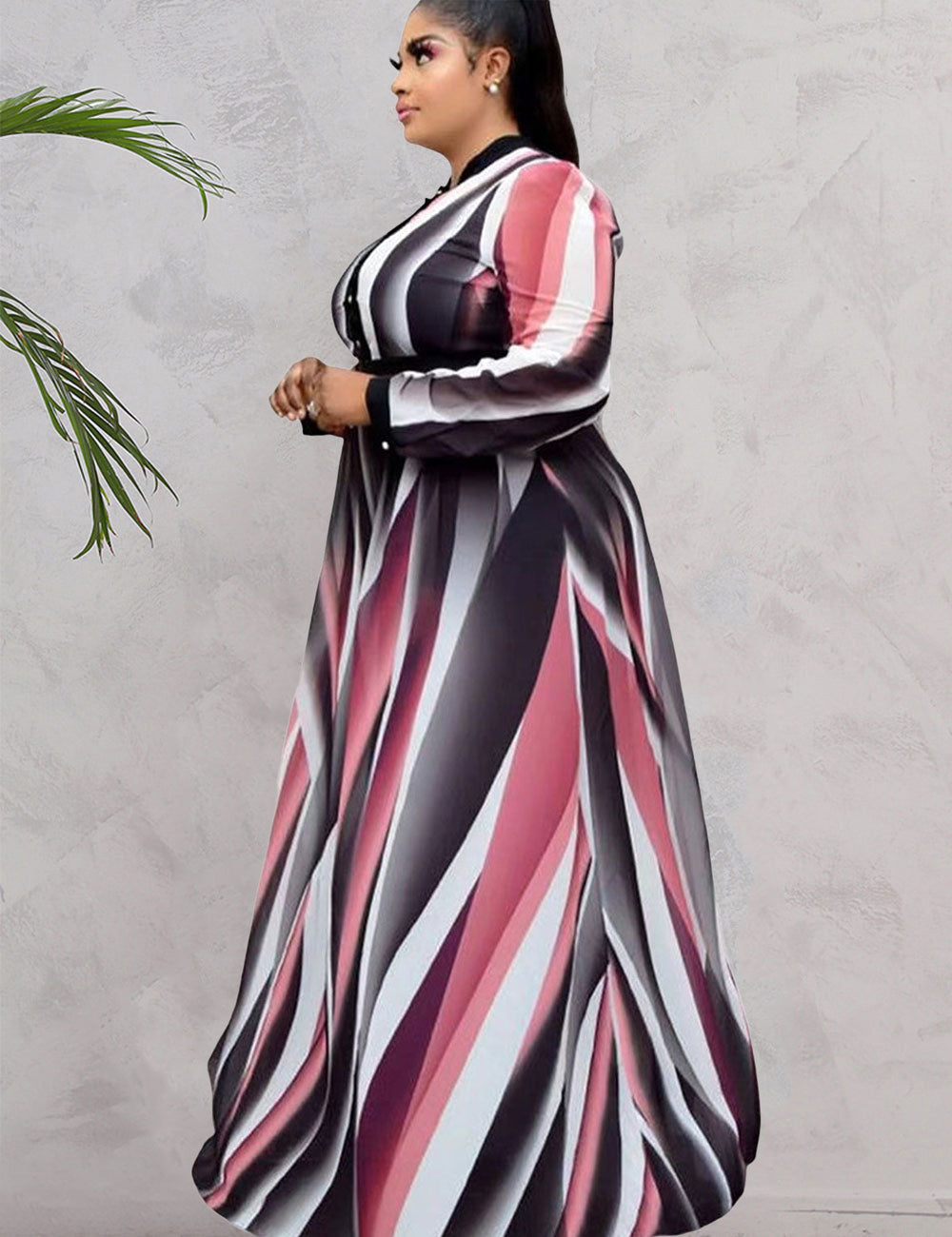 Women Plus Size Paneled Belted Round Neck Swing Skirt Maxi Dress-8